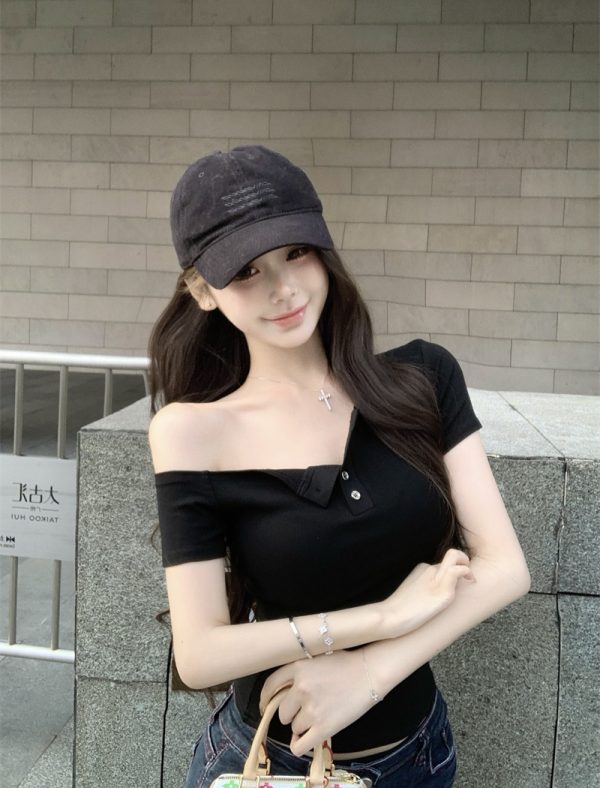 Slim tops sloping shoulder T-shirt for women